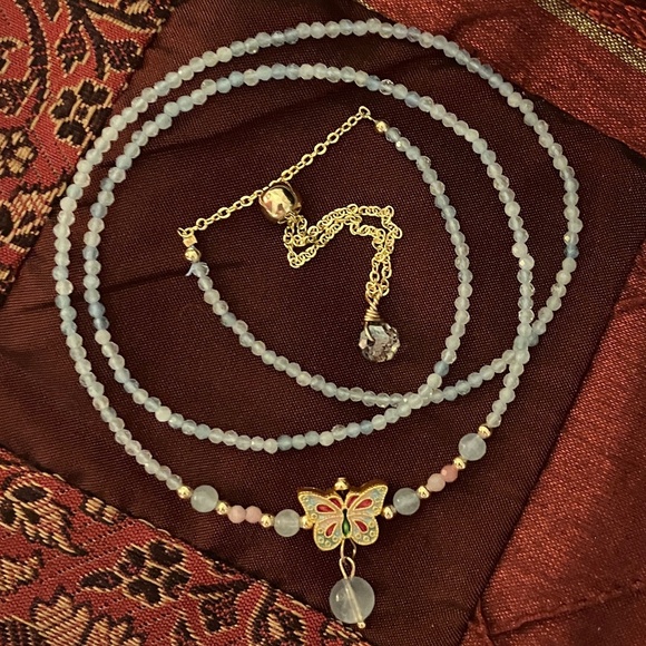 Aquamarine Pink Opal Adjustable Bracelet & Necklace Butterfly Charm - NWOT - Picture 3 of 14